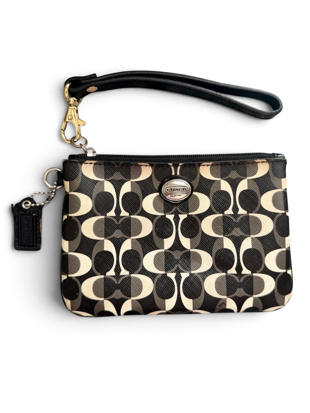 Coach Signature Op Art Wristlet Black Gray Cream Zip Pouch Wallet Y2K